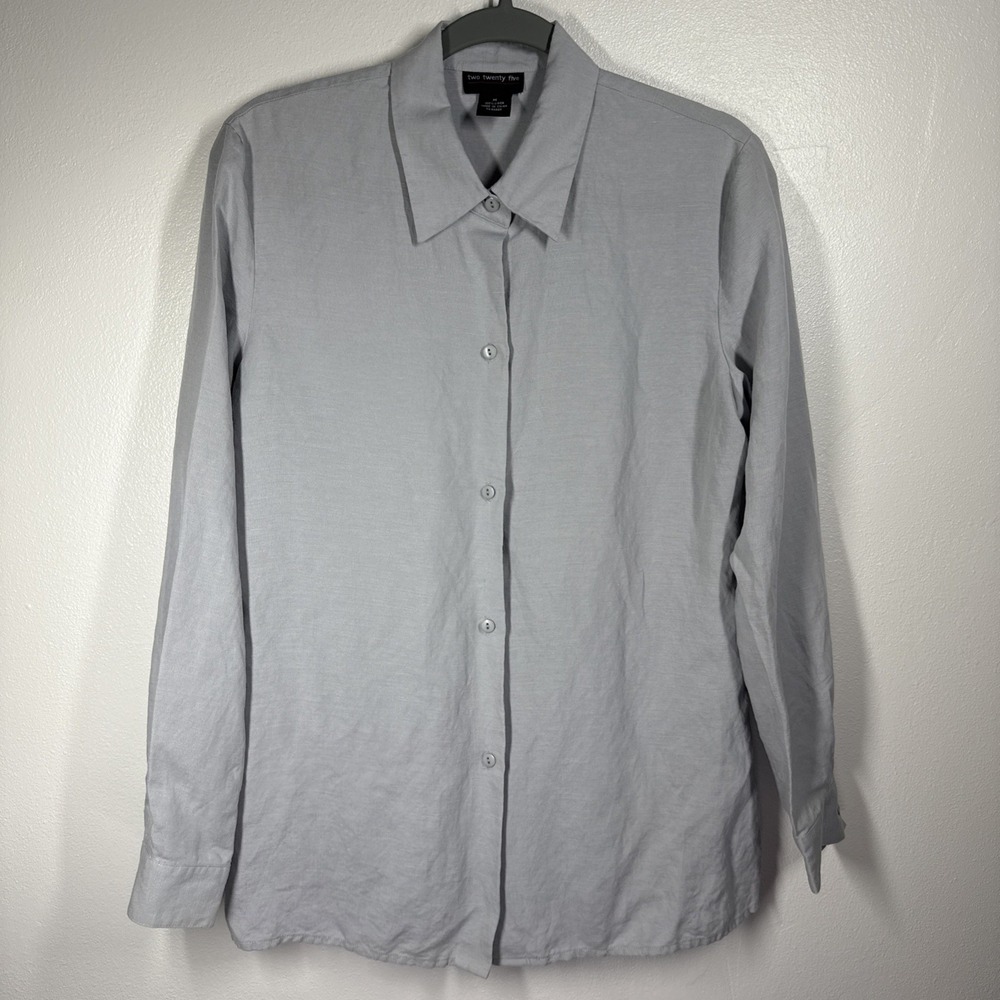 Two Twenty Five‎ Pure Linen Medium Long Sleeve Button Up Blue Blouse Top Women